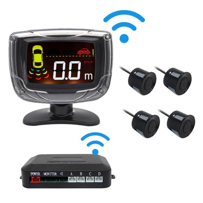 Wireless parking radar display with 4 black sensor pads and LED distance screen