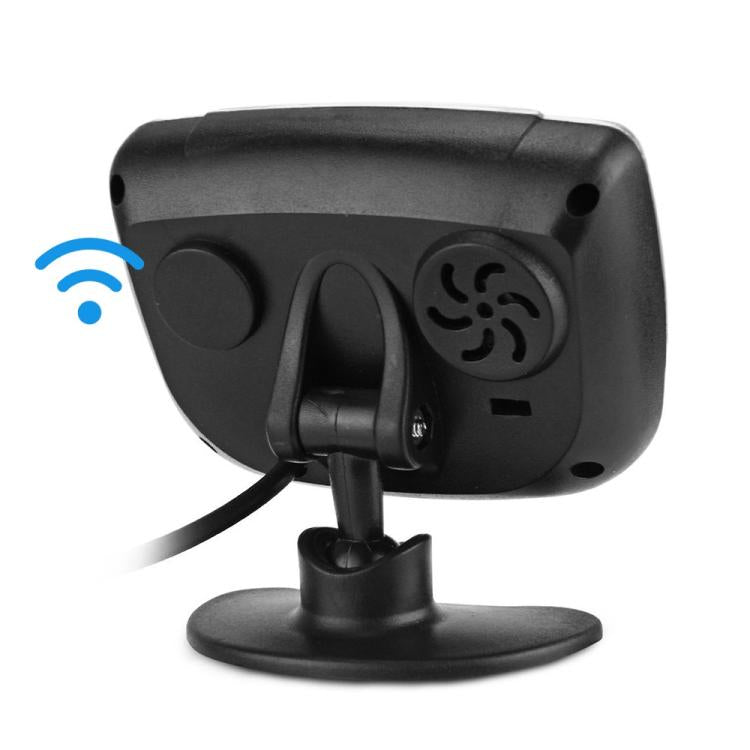 Rear view of black radar display stand unit with power cable connection