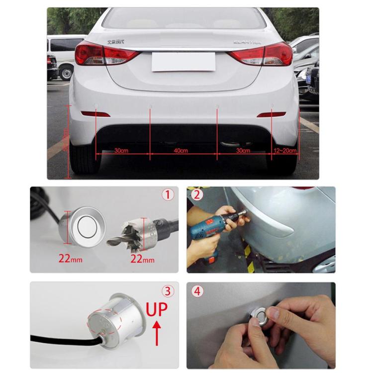 Parking sensors installation guide on car bumper with sensor size 22mm marked
