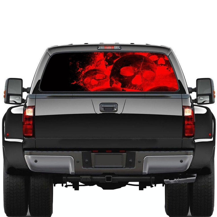 Rear window graphic decal with red skull and flames skeleton on SUV back glass