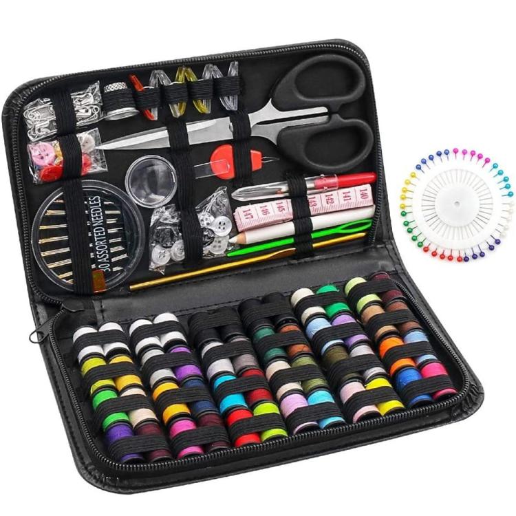 Multifunction sewing tool kit in black zip case with needles, thread spools, scissors