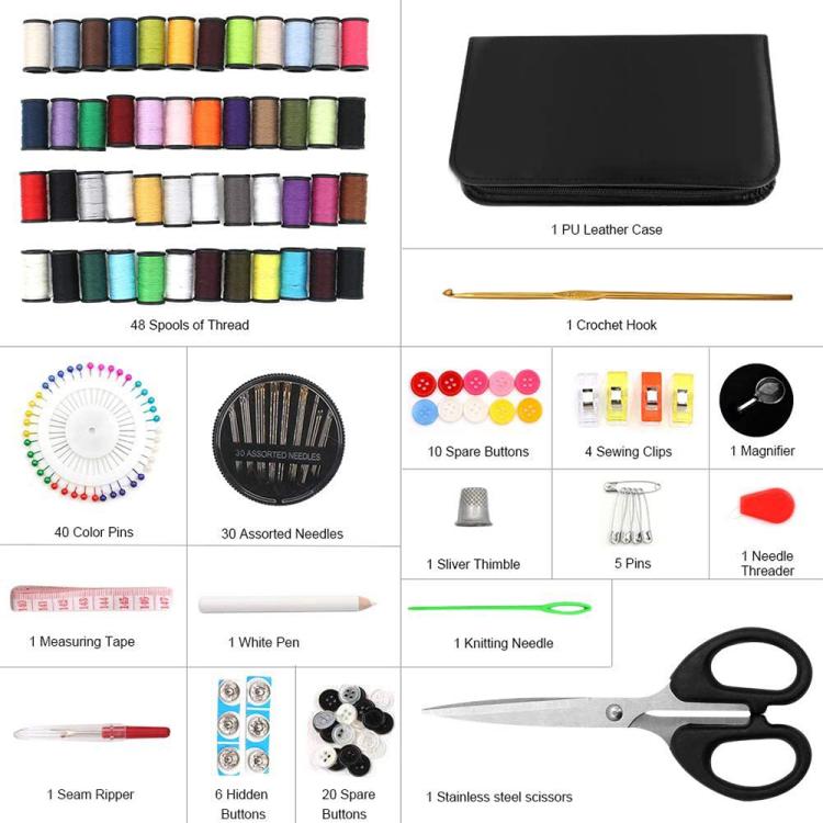 Sewing tool kit accessories set: thread pins, needles, buttons, scissors, hook, threader
