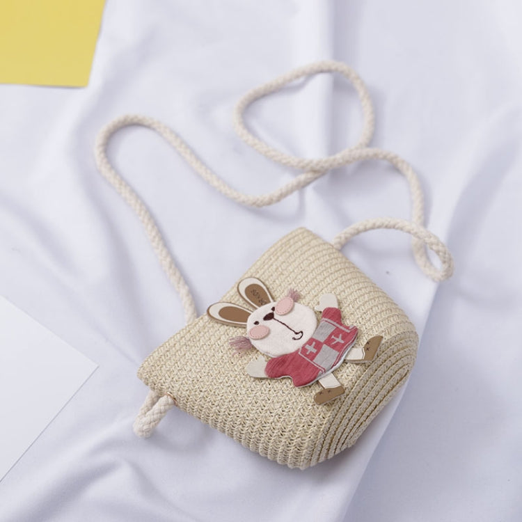 Children straw pouch bag with rabbit patch and drawstring, beige