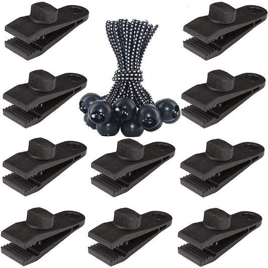Black canopy tent clip set with bundled black ropes and 10 tent clips