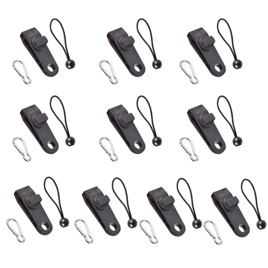Black tent canopy clip and loop cord set with silver carabiner hooks