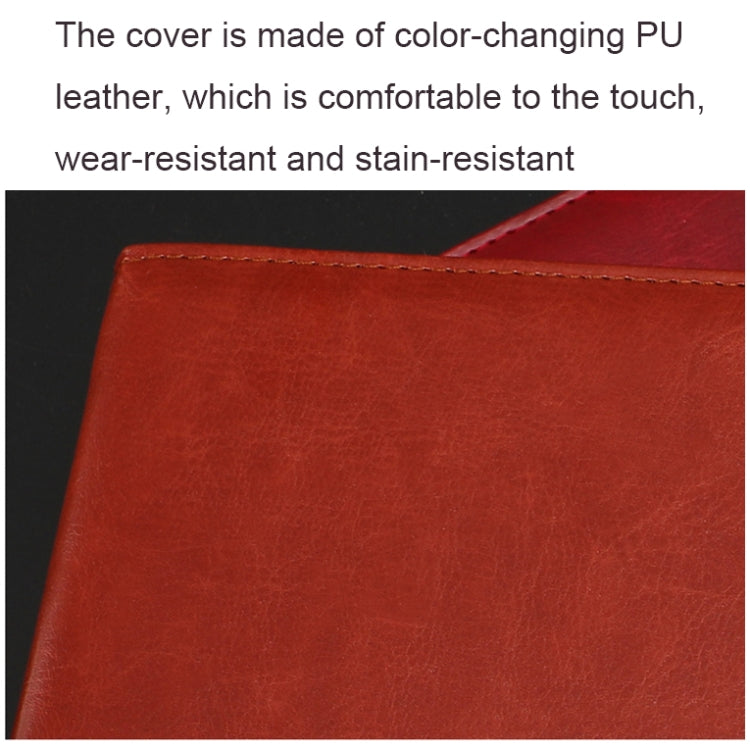 Red PU leather notebook cover with textured finish and stitched edge