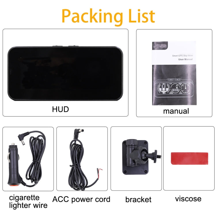 Car HUD packing contents: HUD unit, manual, power cords, bracket, and red accessory