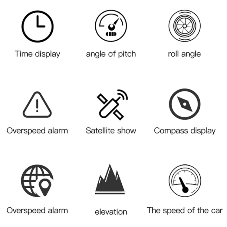 HUD control and alert icon set: time, pitch angle, roll angle, compass, speed, elevation