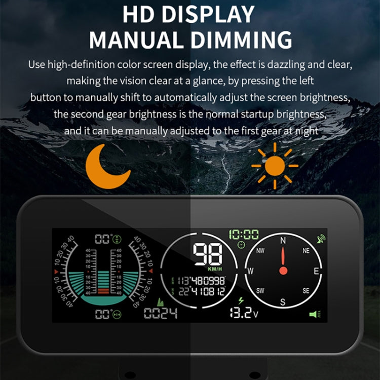 Car HUD unit showing HD display with night brightness dimming and speed, compass, voltage