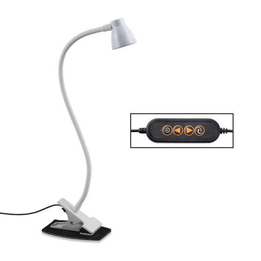 White gooseneck desk lamp with black inline dimmer control and rectangular base