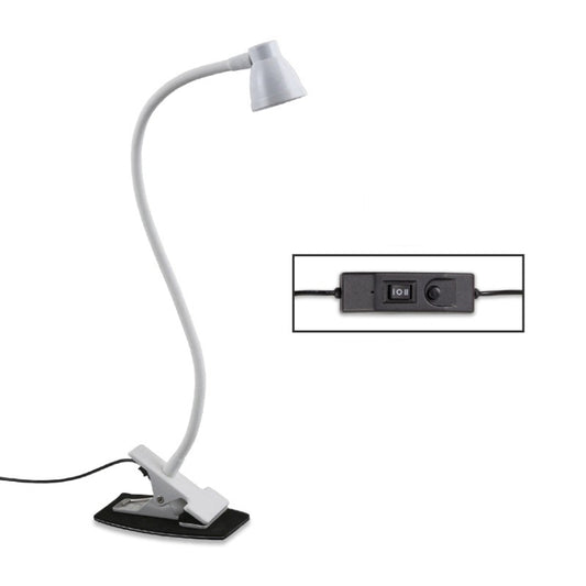 White gooseneck desk lamp with black inline switch control and rectangular base