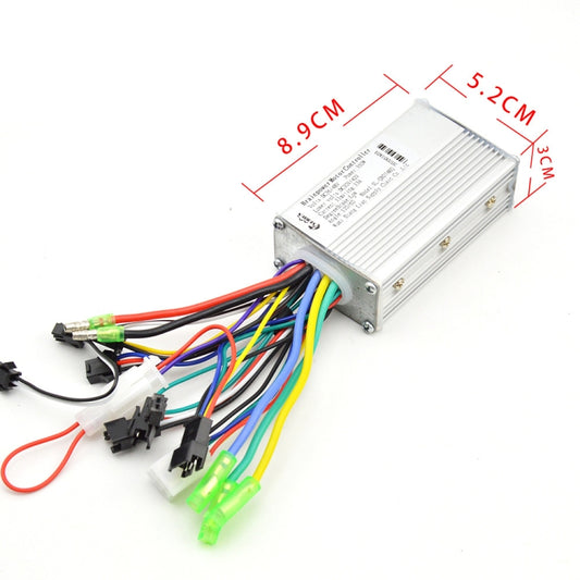 Electric bicycle controller with silver box and multicolor wiring harness, angled view