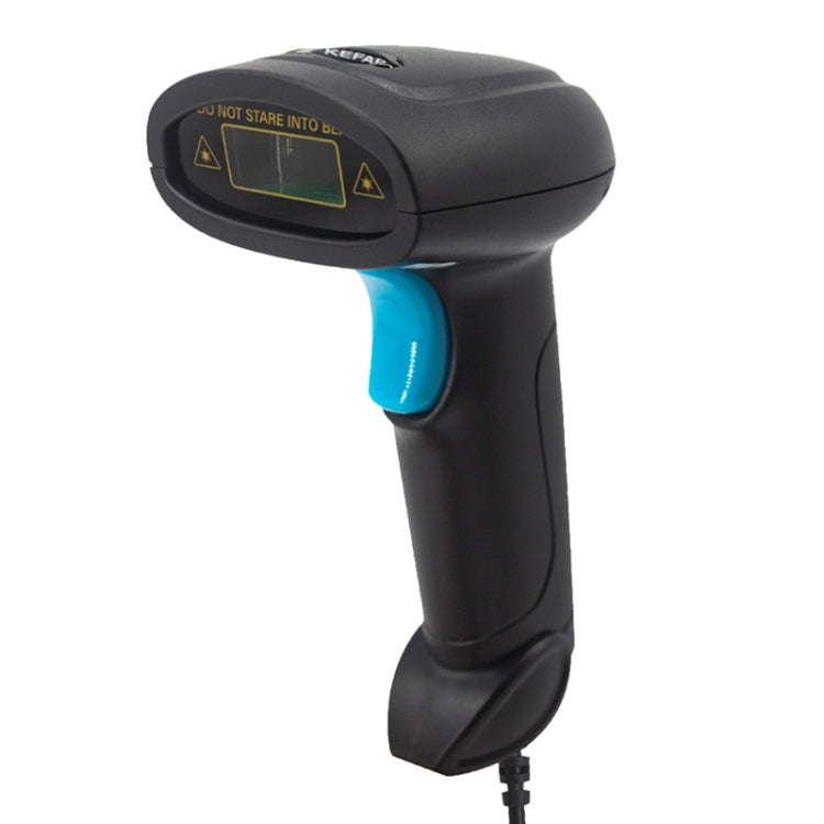 Black wired barcode scanner with blue scan light and pistol grip handle