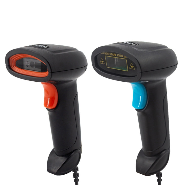 Pair of black wired barcode scanners with orange and blue scan lights