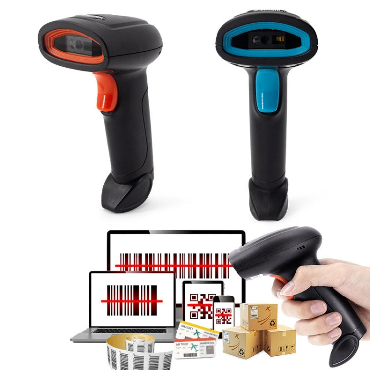 Black wired barcode scanner with orange scan light, shown with matching blue model