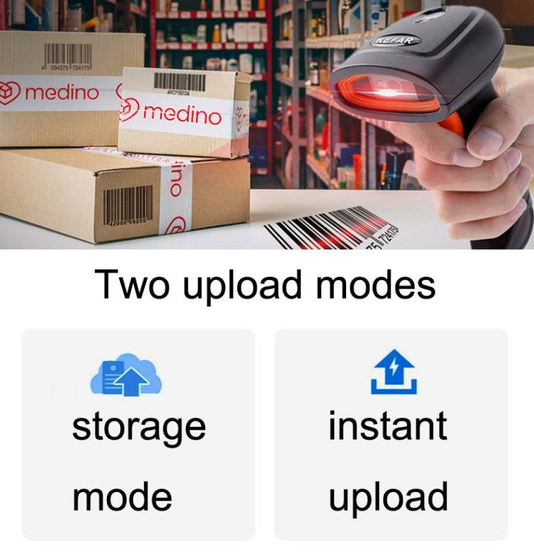 Black wired barcode scanner in hand with red scan light over boxed items