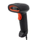 Black wired barcode scanner with orange scan light and pistol grip handle