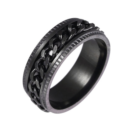 Men's stainless steel turnable chain ring set, black tone, embossed link design