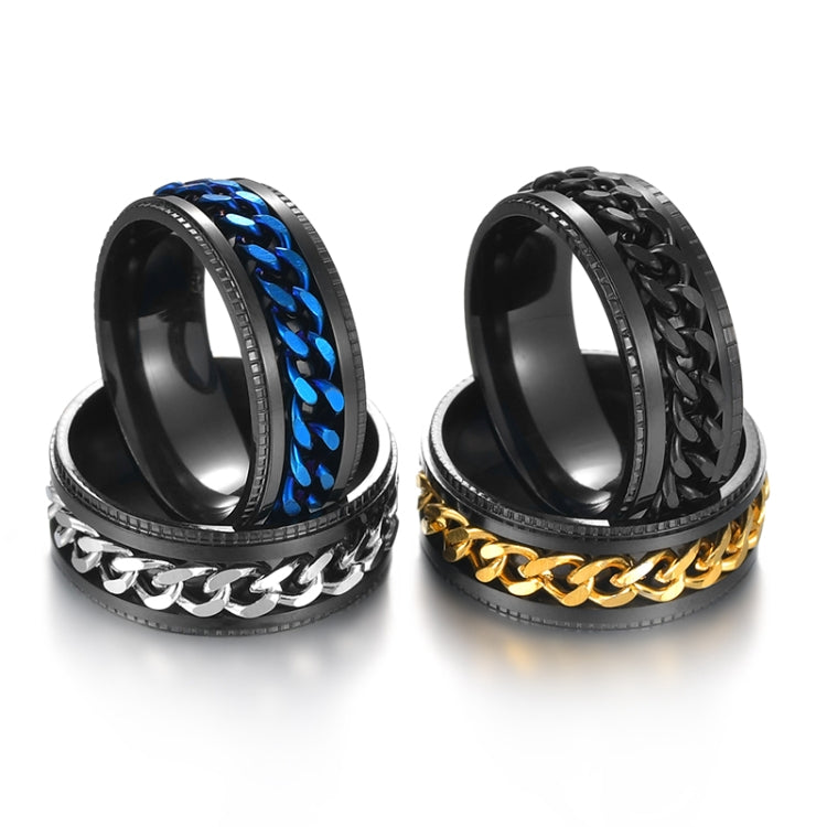 Pair of turnable chain rings: black band with blue inlay and black band with gold chain