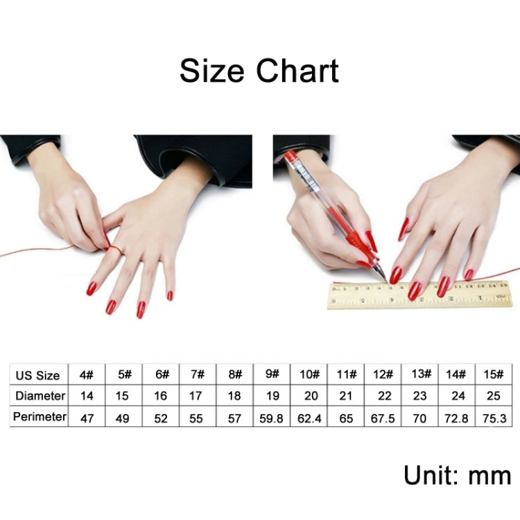 Ring size chart with diameter and perimeter measurements for US sizes