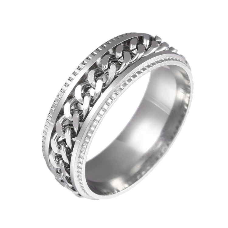 Turnable chain ring with embossed edge, silver-tone stainless steel links