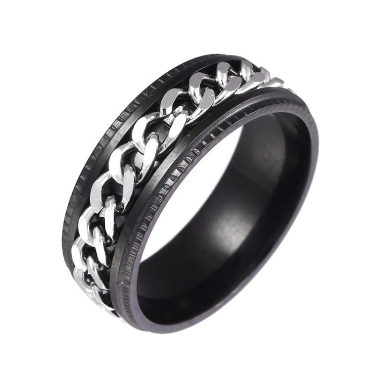 Side view of black turnable chain ring with silver embossed links