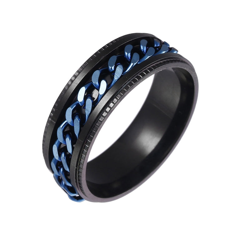 Side view of black turnable chain ring with dark blue embossed links