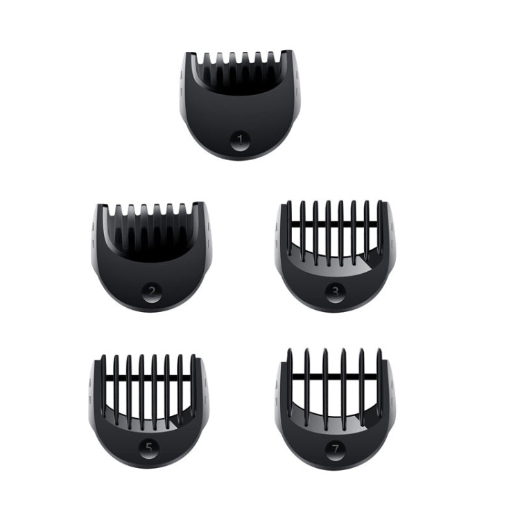 Electric shaver trimming comb set with 5 numbered guards, black