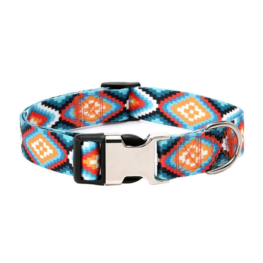Multicolor diamond pattern pet collar with fabric print, metal buckle, and D-ring