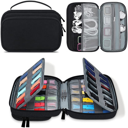 Black watch strap storage bag open, showing 36 slots, mesh pockets, and band organizers.