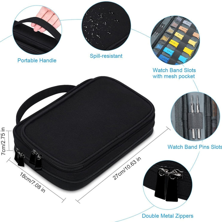 Black watch strap storage bag with carry handle, double metal zippers, and tool slots.