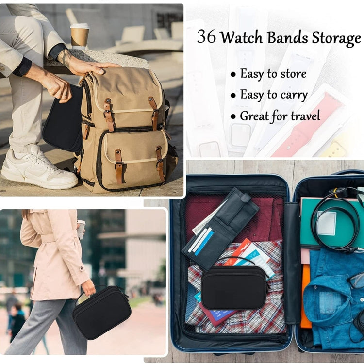 36-slot watch strap storage bag shown closed and open, with organizer compartments inside.