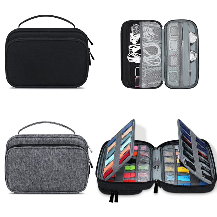 Black and grey watch strap storage bag set, closed case and open 36-slot organizer.