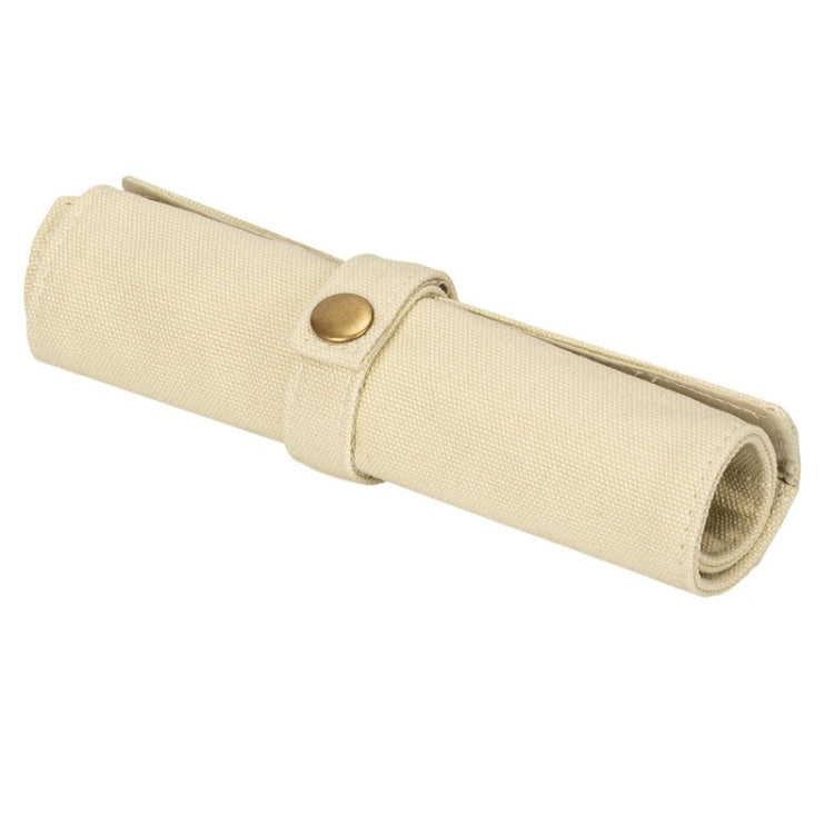 Khaki nylon canvas watch strap storage bag, rolled with snap button closure.