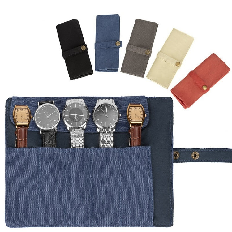 Blue watch and strap storage bag with front pocket and multiple watch strap slots.