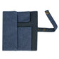 Blue nylon canvas watch storage pouch with flap pocket and attached carrying strap.