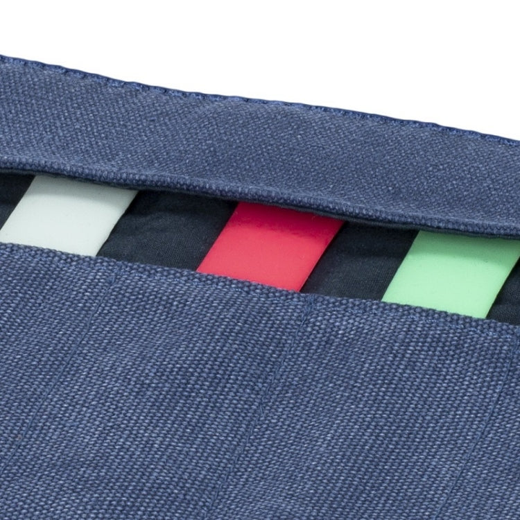 Blue canvas watch/strap organizer with inner divider slots for bands.