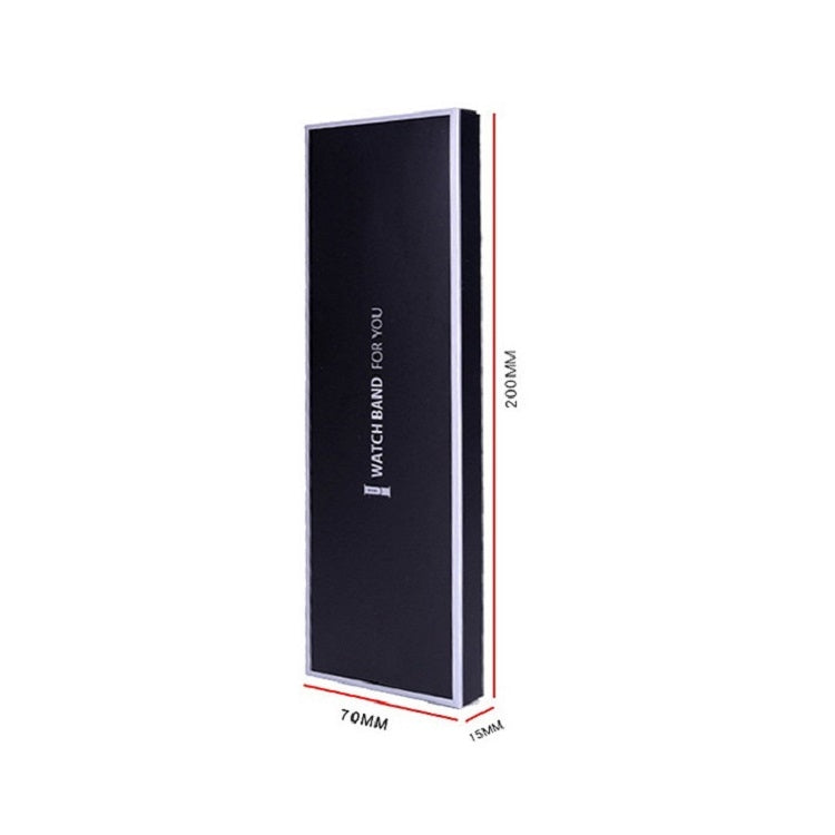 Black watch strap insert packaging box, slim rectangular outer with size markings