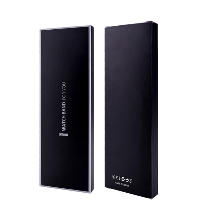 Two black watch strap packaging boxes with white edges, flat rectangular outer cartons