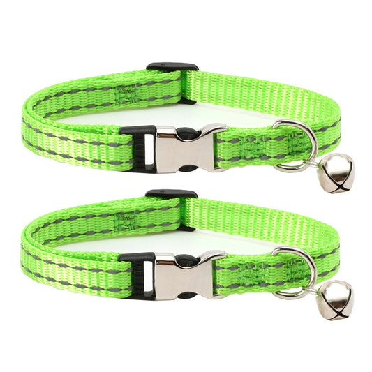 Reflective nylon cat collar set (2) in bright green with metal buckle and bell