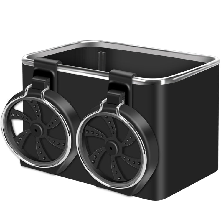 Black double cup car armrest storage box with two round cup holders and open top