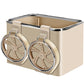 Beige double cup car armrest storage box with two round cup holders and open top