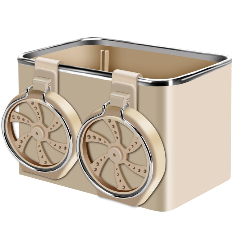 Beige double cup car armrest storage box with two round cup holders and open top