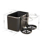 Black car armrest storage box with two hanging cup holders and open interior