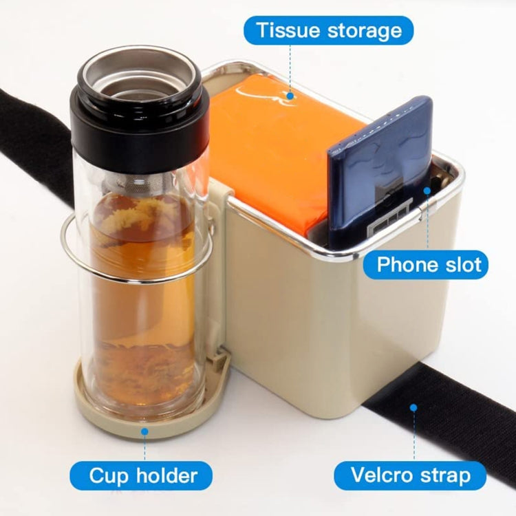Beige car armrest storage box with cup holder, phone slot, and tissue storage area
