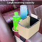 Beige car armrest storage box holding multiple bottles with two cup holders