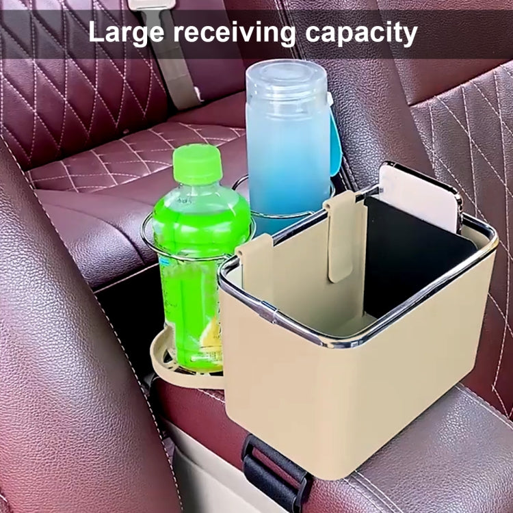 Beige car armrest storage box holding multiple bottles with two cup holders