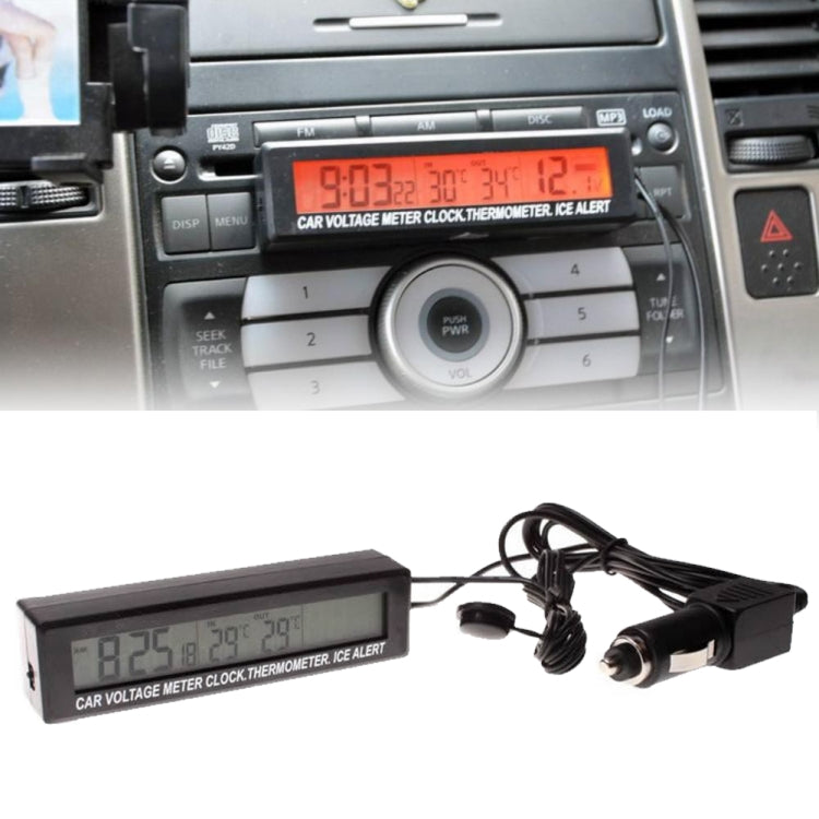 Car LED voltage meter clock thermometer display, dashboard mount with digital red time readout