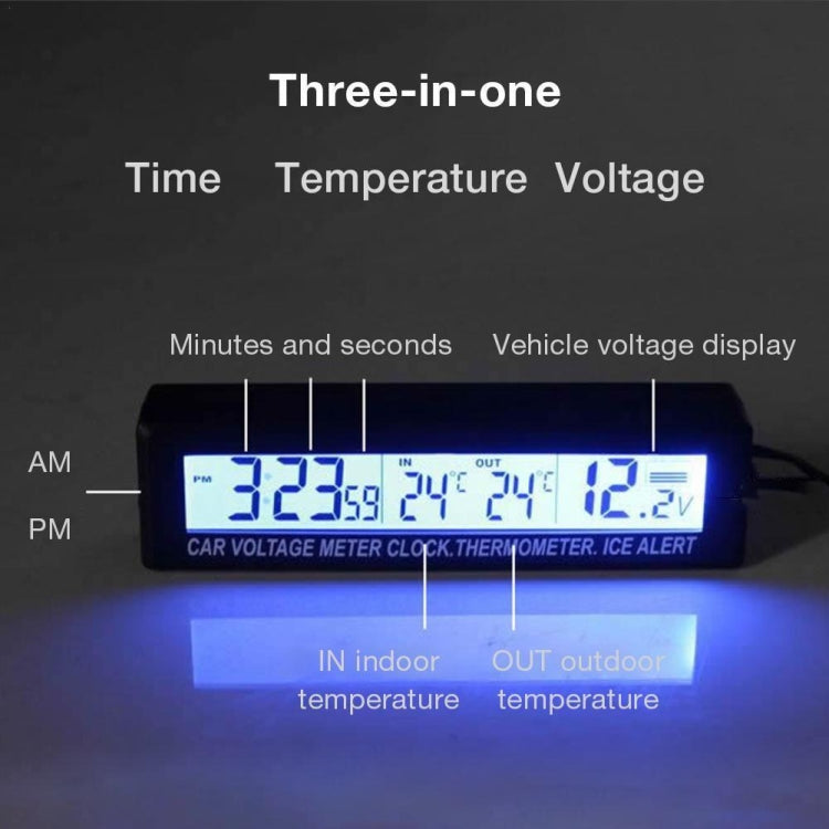 Three-in-one car LED display showing time, indoor/outdoor temperature, and voltage