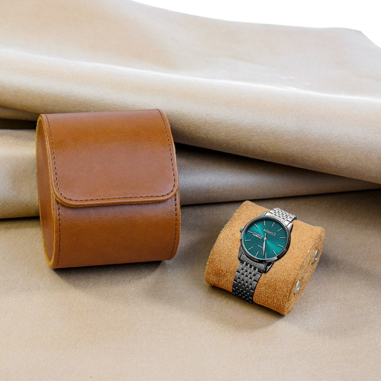 PU leather watch protective display box, brown, 1 slot with snap flap.